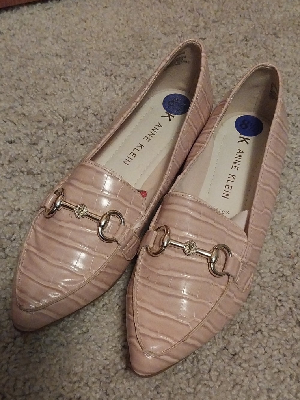 Anne Klein Pink Croc-Embossed Pointed Loafers with Gold Horsebit